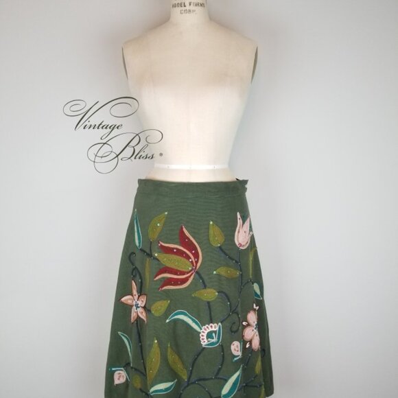 Deep Green Cotton Corduroy Floral Embroidered A Line Below the Knee Skirt Size 8 - Picture 1 of 7